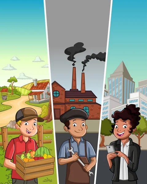 Workers Front Farm Industry City People Different Environments Farm Industrial — Vector de stock