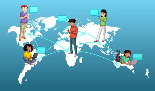 Connected Teens Smart Phone Computer Earth Globe Friends Using Social — Vetor de Stock