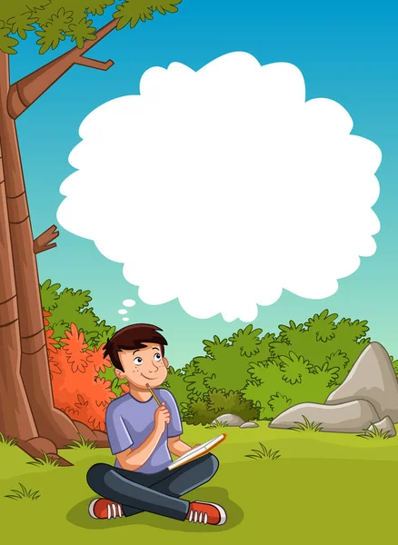 Cartoon Teenager Thinking Park Grass Trees Student Notebook Nature Landscape — Stock Vector