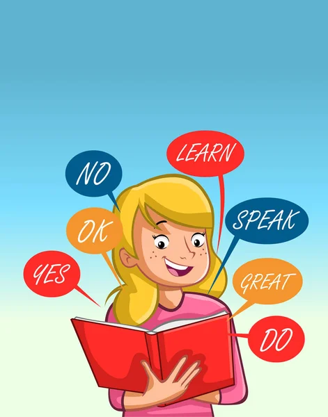 Teenager Girl Reading Book English Words Cartoon English Student — Vector de stock