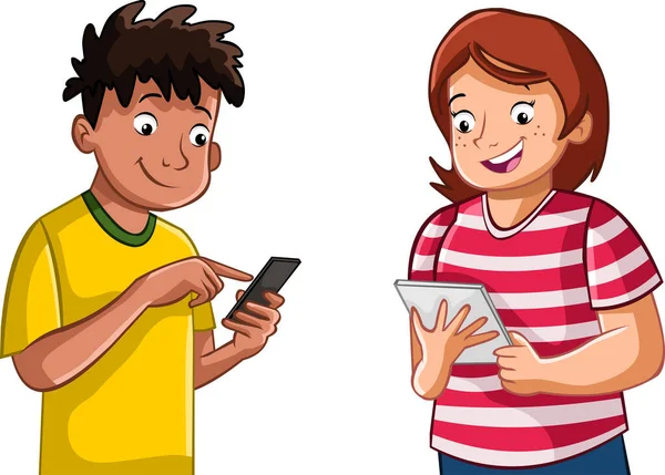 Cartoon Teenagers Using Smart Phone Tablet — 스톡 벡터