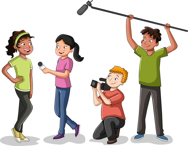 Cartoon Teenagers Interviewing Girl Kids Working Journalist Cameramen Audio Recorder —  Vetores de Stock