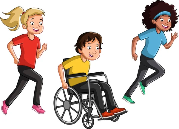 Cartoon Teenagers Running Boy Wheelchair Running Friends Girls Jogging — 스톡 벡터