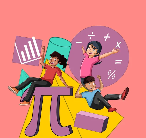 Cartoon Teenagers Mathematics Figures Kids Having Fun Algebra Symbols Geometry — Vector de stock