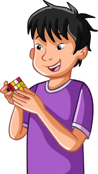Cartoon Asian Boy Playing Rubik Cube — Vetor de Stock