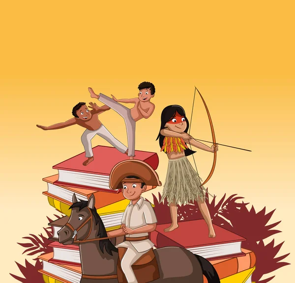 History Characters Form Brazil Indian Woman Man Playing Capoeira Horse — 스톡 벡터