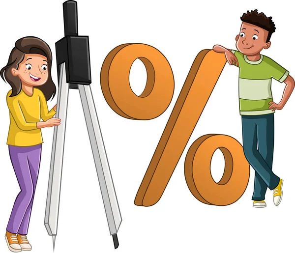 Teenager Girl Big Compass Black Boy Big Percentage Symbol Cartoon — Stock Vector