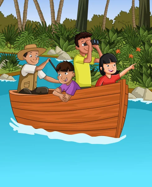 Big Forest Cartoon Children Boat Adventure Jungle — Vetor de Stock