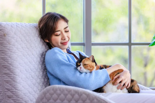 Millennial Asian Young Female Owner Sitting Cozy Armchair Smiling Holding — Stock Photo, Image