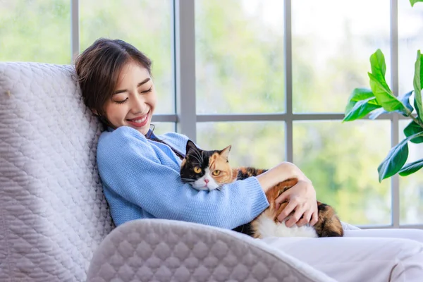 Millennial Asian Young Female Owner Sitting Cozy Armchair Smiling Holding — Stock Photo, Image