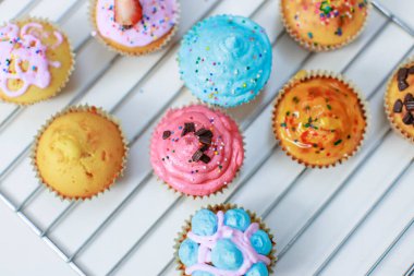 Yakın çekim üst manzara stüdyosu ev yapımı kek rengarenk ev yapımı kekler ızgara dekorasyonu üzerine çikolatalı kurabiyeler dilimlenmiş taze organik çilek ve çırpılmış krema..