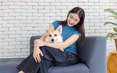 Asyalı genç ve güzel bir kadının portresi mutlu gülümseme yavru köpek kucaklaması tatlı kanepede oturan Corgi köpeği oturma odasında komik hayvanlar oynaması, yaşam tarzını kucaklayan güven dolu bir sevgi ve evcil hayvan arkadaşı..