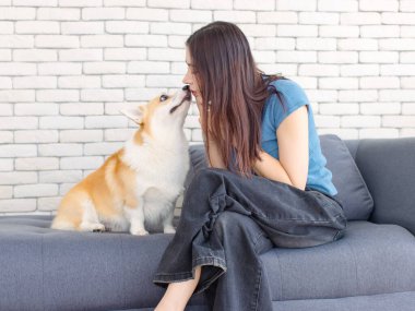 Asyalı genç ve güzel bir kadının portresi. Mutlu bir gülümseme. Gözlerinin içine bak. Kanepede oturan şirin bir Corgi köpeği..