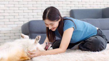 Asyalı genç ve güzel bir kadının mutlu bir gülümseme ve şirin bir Galli Corgi köpeğinin komik bir şekilde oturma odasında oturup arkadaşlığın konseptini dinlerken aşk hayvanlarına güvenirken çekilmiş bir fotoğraf.
