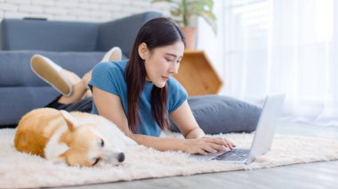 Asyalı genç ve güzel bir kadın mutlu bir gülümseme ile şirin bir Galli mantar köpeği halı zemininde yatar ev konseptinde dizüstü bilgisayar kullanır en iyi arkadaş hayvanlarla çalışır yaşam tarzını dengeler aşk evcil hayvanı