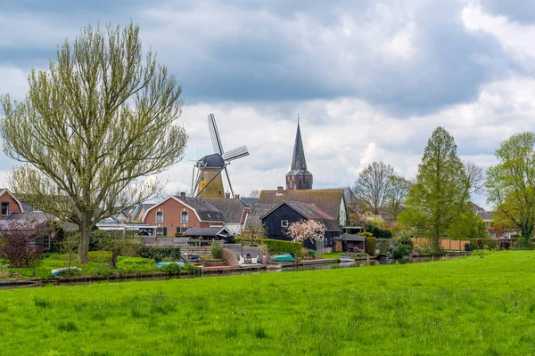 Typical Dutch Image Windmill Church Town Cothen Betuwe Netherlands — Stock Photo, Image