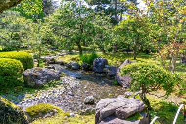 Kanazawa, Japonya 'daki Kenroku-en Bahçesi' ndeki taşlarla bonsai ağaçları arasında dikkatlice peyzajlanmış bir dere var.