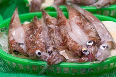 Japonya, Kanazawa 'daki kapalı bir Omicho pazarında bir sepet dolusu taze mürekkep balığı sana bakıyor.