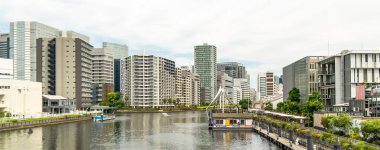 Tokyo 'da renkli bir kanalı ve bulutlu bir gökyüzünün altında yeşil kıyıları olan modern yüksek binalar.