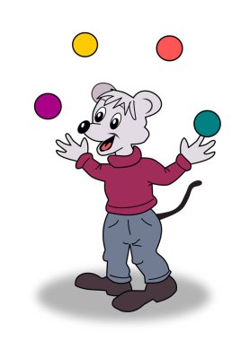 A smiling cartoon mouse juggling several balls of different colors, the background is white.
