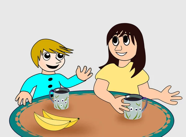 Ein Junge Und Ein Mädchen Sitzen Und Plaudern Einem Tisch — Stockfoto