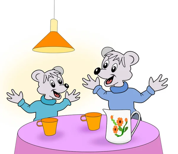 Two Cartoon Mice Sitting Chatting Together Table Drinking Coffee Tea — Stock Photo, Image