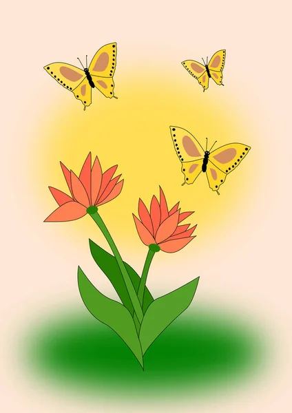Three Yellow Brown Butterflies Fluttering Two Red Flower Background Sunset — Stock Photo, Image