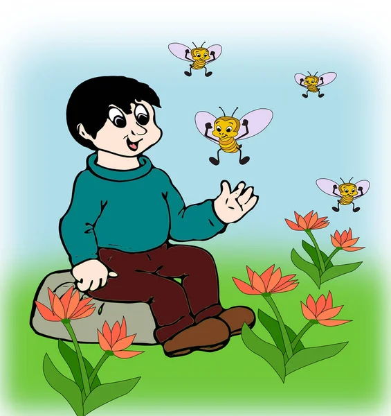 小さな男の子が花の草原に座って 蜂が飛び回るのを見ています — ストック写真