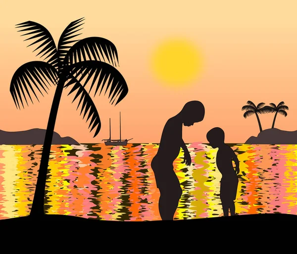 Zwei Jungen Stehen Meer Sonnenuntergang Gibt Ein Segelboot Hinaus Aufs — Stockfoto