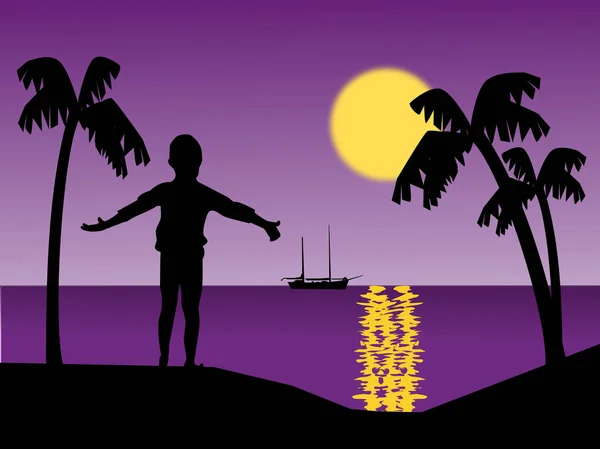 月明かりの中で海のそばに立って腕を広げている人のシルエット — ストック写真