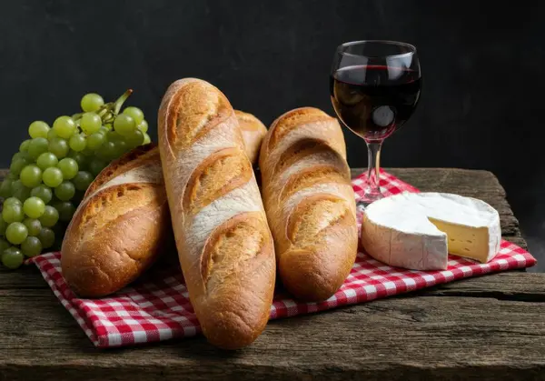 Şarap, baget ve ahşap arka planda üzümlü ekmek.