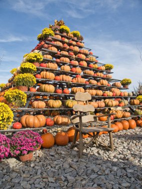 Balkabağı piramidi. Dobron, Polonya - 20 Ekim 2024 Lodz yakınlarındaki Dobron köyünde renkli balkabaklarıyla görkemli bir piramit.