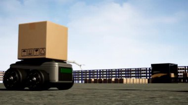 Car Robot transports truck Box with AI interface Object for manufacturing industry technology Product export and import of future Robot cyber in the warehouse by Arm mechanical future technology