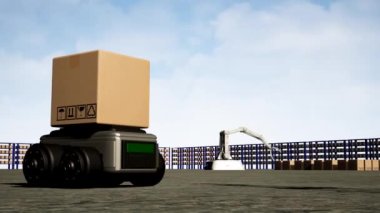 Car Robot transports truck Box with AI interface Object for manufacturing industry technology Product export and import of future Robot cyber in the warehouse by Arm mechanical future technology