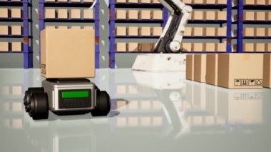 Car Robot transports truck Box with AI interface Object for manufacturing industry technology Product export and import of future Robot cyber in the warehouse by Arm mechanical future technology