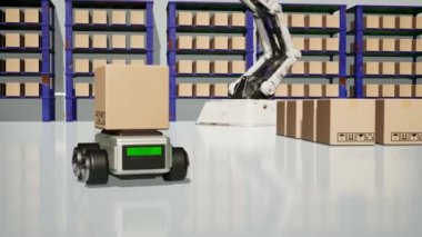 Car Robot transports truck Box with AI interface Object for manufacturing industry technology Product export and import of future Robot cyber in the warehouse by Arm mechanical future technology