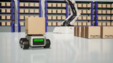 Car Robot transports truck Box with AI interface Object for manufacturing industry technology Product export and import of future Robot cyber in the warehouse by Arm mechanical future technology