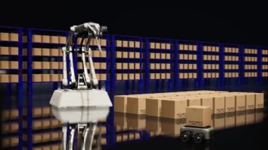 Car Robot transports truck Box with AI interface Object for manufacturing industry technology Product export and import of future Robot cyber in the warehouse by Arm mechanical future technology