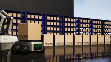 Car Robot transports truck Box with AI interface Object for manufacturing industry technology Product export and import of future Robot cyber in the warehouse by Arm mechanical future technology