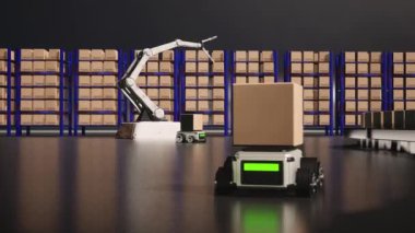 Car Robot transports truck Box with AI interface Object for manufacturing industry technology Product export and import of future Robot cyber in the warehouse by Arm mechanical future technology