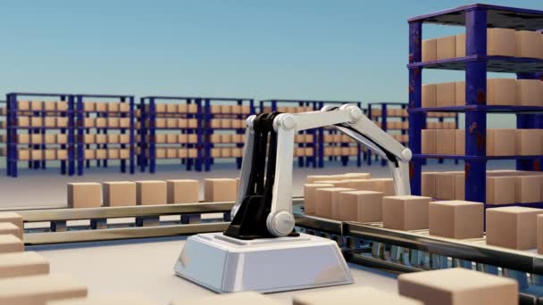 アームロボットAi製造ボックス製品製造業技術のためのオブジェクト製品のエクスポートと将来のインポート製品 化粧品 アパレル倉庫機械将来の技術のための — ストック動画