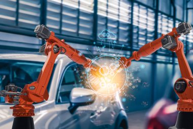 Teknoloji otomobil fabrikası, ulaşım, ulaşım Arm Robot AI otomobil üretimi otomobil üretimi endüstrisi teknoloji bakımı deponun gelecekteki mekanik araç tamiri ve üretimi 