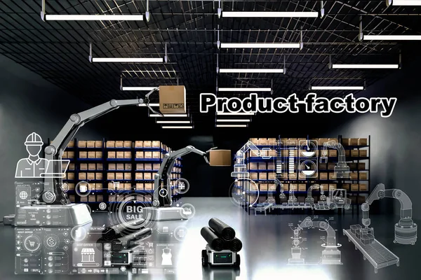 アームロボットAi製造ボックス製品製造業技術のためのオブジェクト製品のエクスポートと将来のインポート製品 化粧品 アパレル倉庫機械将来の技術のための — ストック写真