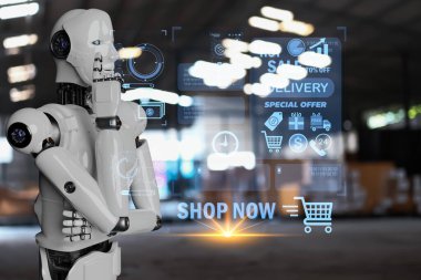 AI Teknoloji Robotu UI ekran arayüzü teknolojisine dokunuyor. AI Robot kolu. Nesne üretim endüstrisi teknolojisi. Ürün ihracatı ve gelecekteki depo teknolojisi robotlarının ithalatı.