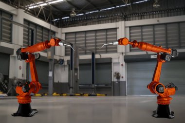 Arm Robot AI otomobil ürünü üretiyor. Gelecekteki deponun, mekanik gelecekteki otomobil tamiri ve üretimi için endüstriyel teknoloji hizmetleri üretiliyor.