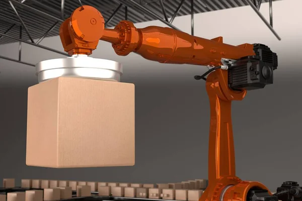 Ρομπότ Βραχίονας Βιομηχανική Τεχνολογία Βραχίονας Ρομπότ Κατασκευή Κιβώτιο Προϊόν Κατασκευή — Φωτογραφία Αρχείου