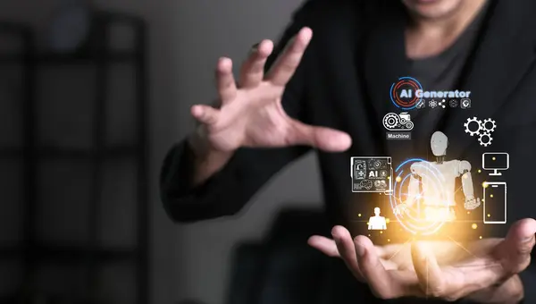 Man Hand UI arayüzü AI 2024 teknoloji AR robot robot uygulama teknolojisi fabrika depo taşıma sisteminde kontrol siparişi için lojistik ihracat apitasyonuna küresel bağlantı