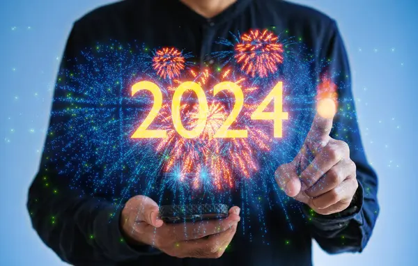 Muž Držet Odpočítávání Šťastný Nový Rok 2024 Ruční Držení 2024 Royalty Free Stock Obrázky