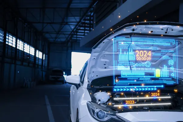 Ev車2024テクノロジーサービスメンテナンスバックグラウンド技術幸せな新年2024輸送自動車産業および自動車ビジネスのための新しい工場2024テクノロジーCo2Ev電気自動車 ストック画像