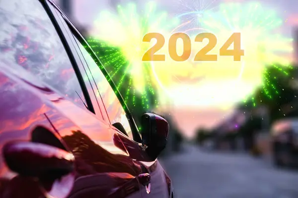 Ev車2024サービスメンテナンス技術バックグラウンド技術ハッピーな新年2024年 輸送自動車産業および自動車ビジネスのための新しい工場2024技術Co2Ev自動車の電気自動車 ストック写真